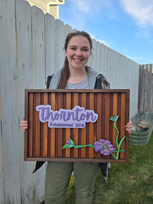 Custom Family Slat Sign: Carved Flower